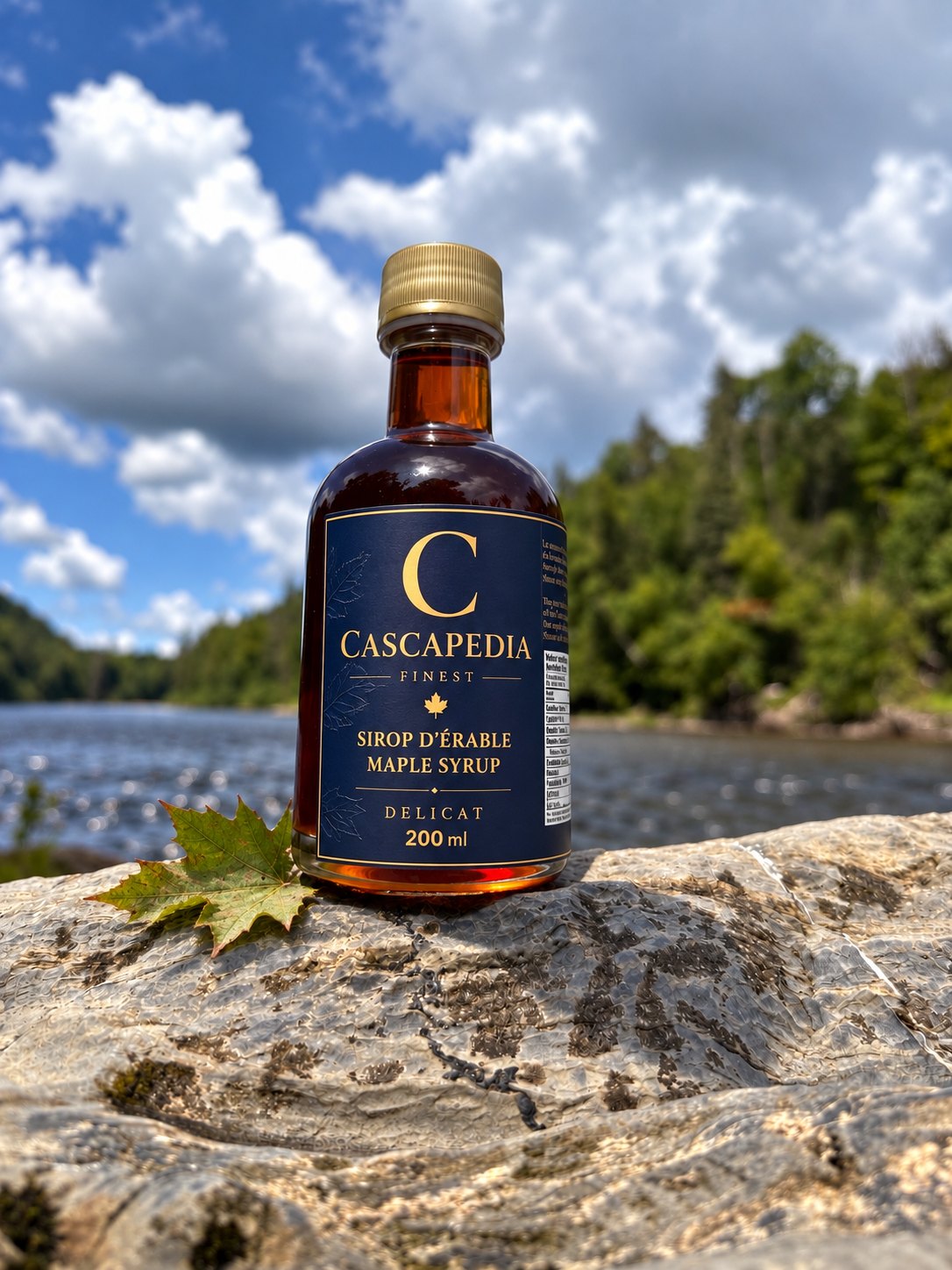 Bouteille de sirop d’érable Cascapédia Finest posée sur un rocher, au bord de la rivière
