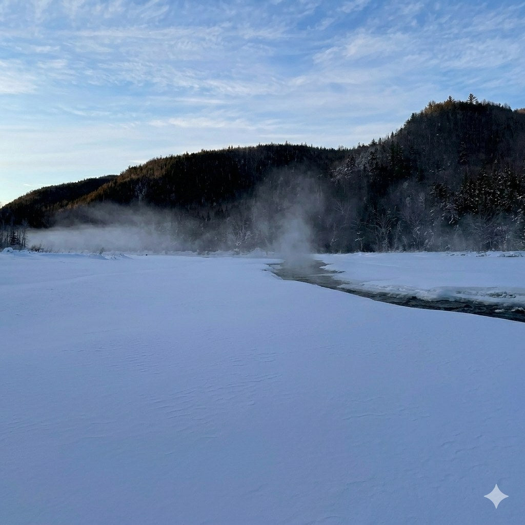 La rivi&egrave;re gel&eacute;e et la brume au pied de la montagne